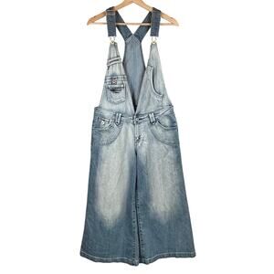 Soho Babe Wide Leg Cropped Flare Denim Overalls Women M Deep-V Jumpsuit Rave 90s